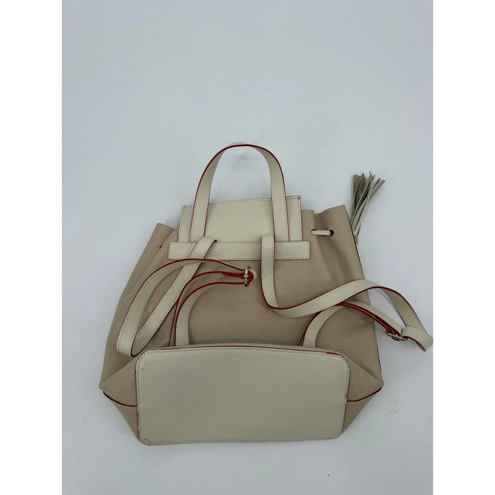 Franco Pugi Italian Leather Backpack Beige Cream Red Trim Tassel Bag
